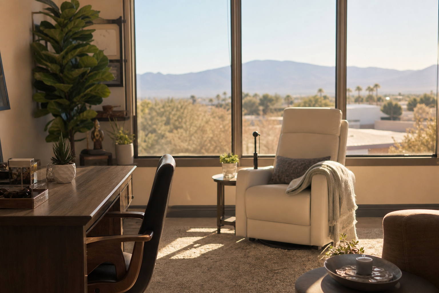A calm Las Vegas therapy office space with a therapist holding a visual pointer for brainspotting therapy