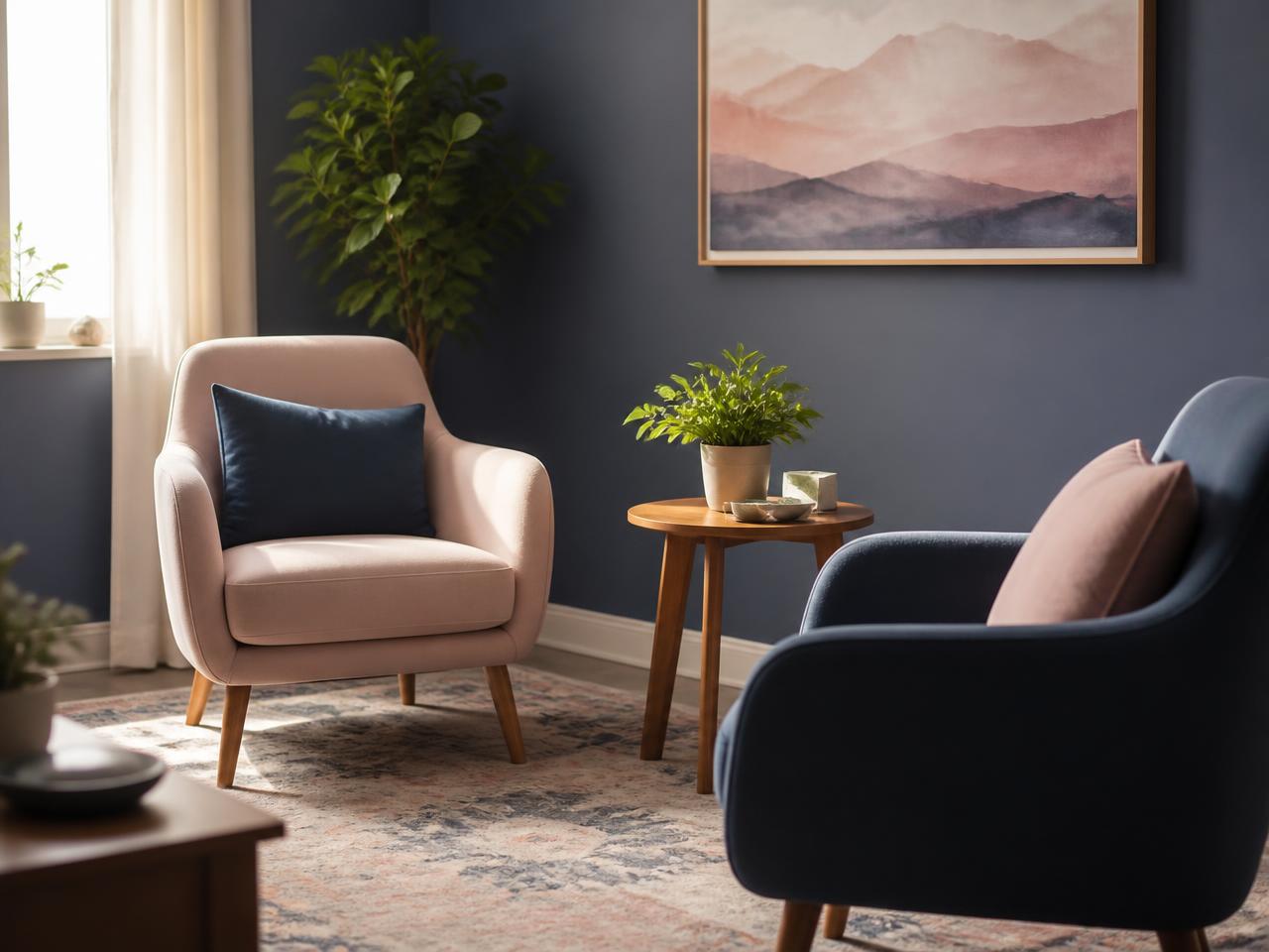 Calm Las Vegas therapy office with two armchairs in indigo and blush tones
